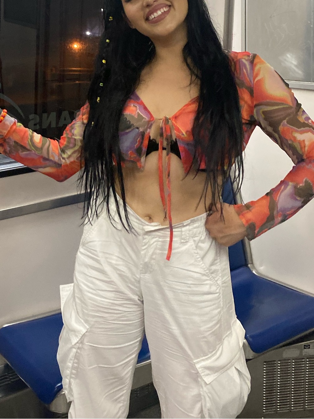 Mesh Tie-Front Long Sleeve Crop Top